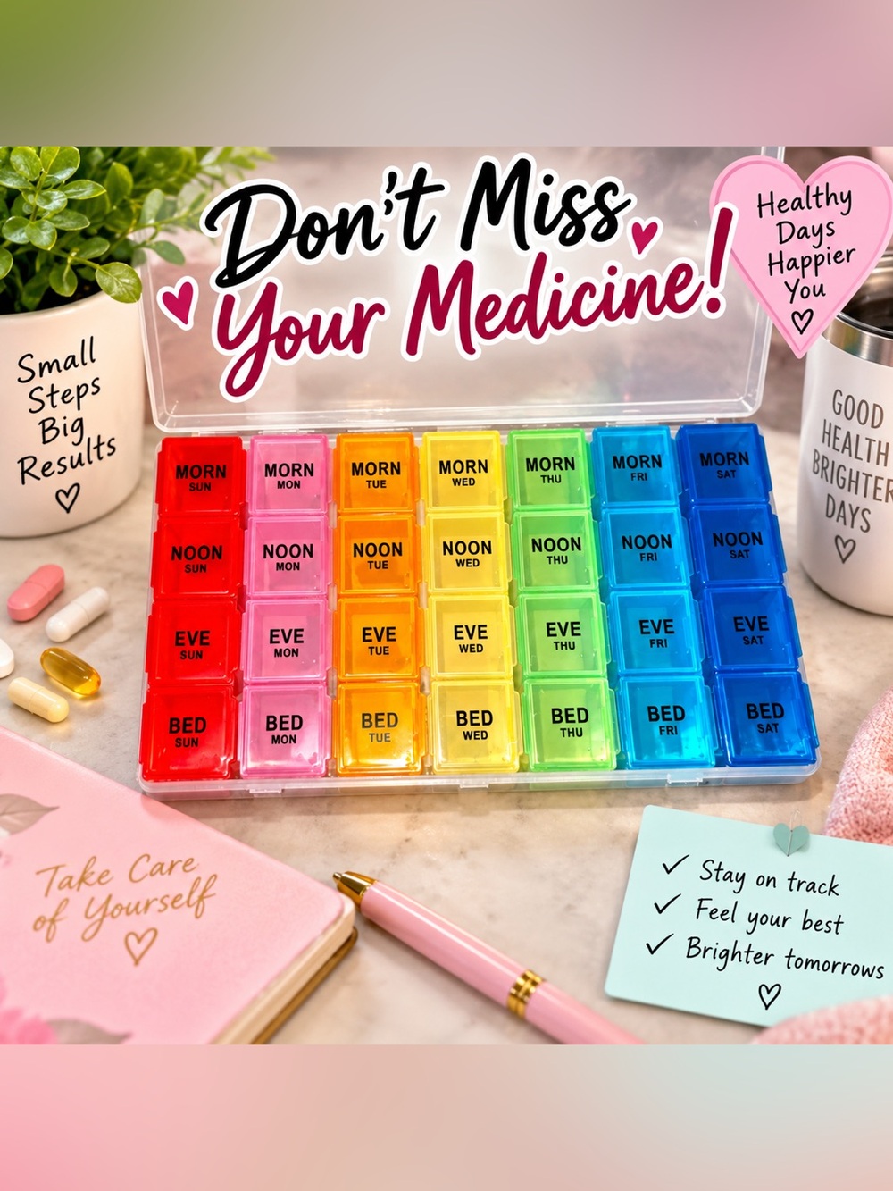 Weekly Rainbow Pill Organizer - Color-Coded Daily Doses